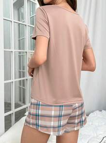 Plaid Patched Pocket Bow Front PJ Set / Pajama Set Bow Tie - Brown - View 2