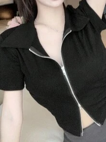 Kaos Kasual Lengan Pendek Model Crop Tanpa Lengan Leher Bulat Warna Polos Desain Resleting Ganda Musim Panas Warna Hitam - Hitam - View 4