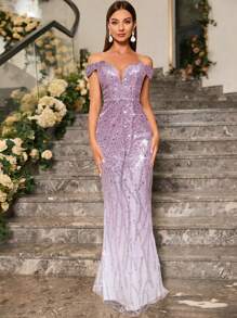 UNITHORSE 露肩美人鱼裙摆亮片正式礼服，优雅舞会晚宴婚礼宾客礼服，适合毕业典礼、晚宴、新娘礼服、生日等场合，春季女士服装 - 紫色 - 查看 1