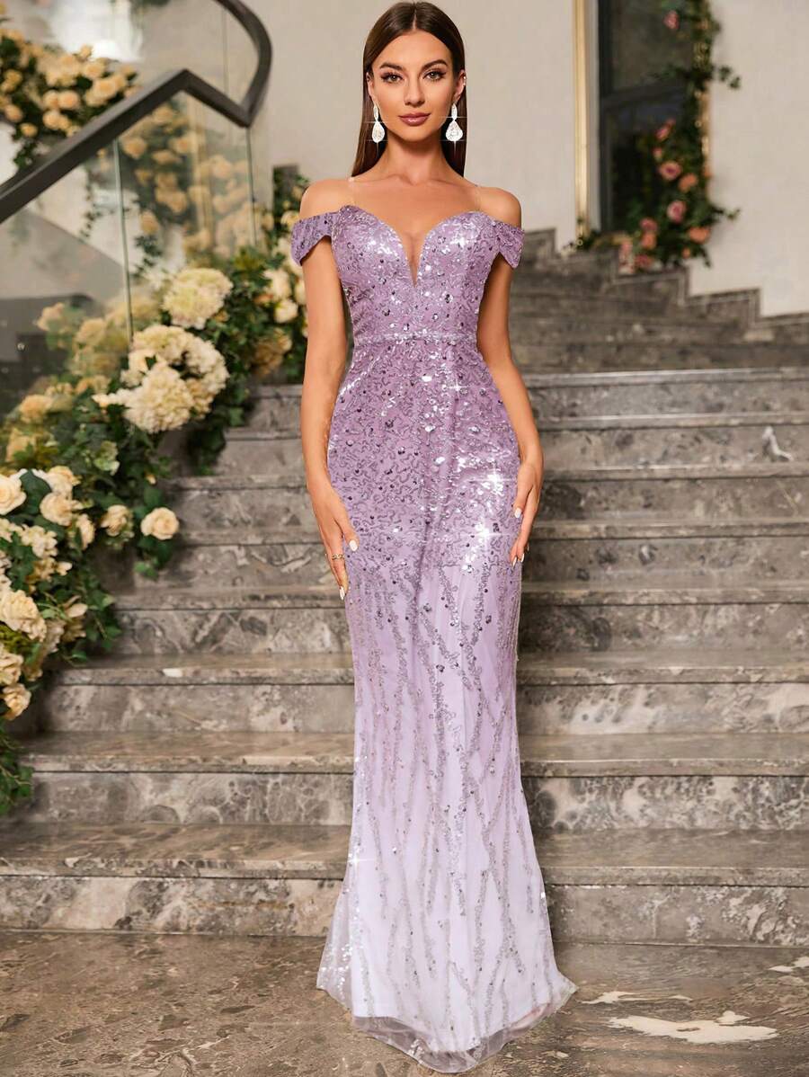 UNITHORSE 露肩美人鱼裙摆亮片正式礼服，优雅舞会晚宴婚礼宾客礼服，适合毕业典礼、晚宴、新娘礼服、生日等场合，春季女士服装 - 紫色 - 查看 1