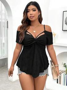 SHEIN Unity Camiseta casual de manga corta con hombros descubiertos, cintura acampanada y corte a la línea A, para uso al aire libre/vacaciones en talla grande con tejido elástico - Negro - Ver 3