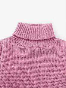 SHEIN Tween Girl Turtleneck Lantern Sleeve Ribbed Knit Sweater - Pink - View 3