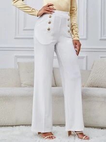 SHEIN Tall Chi tiết Nút Chân bùng Quần tây - trắng - Xem 5