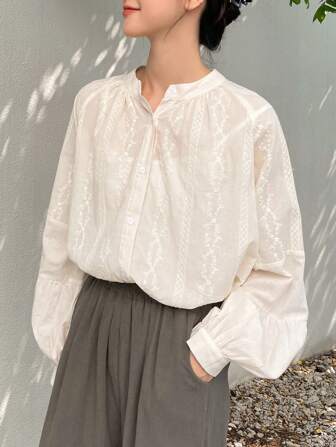 FRIFUL Bluse mit Einfarbig Knopf vorne, Bischofärmeln,