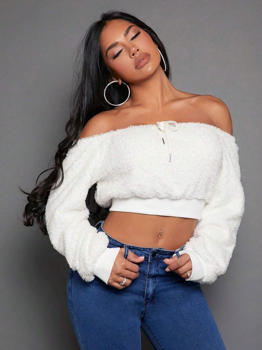 SHEIN SXY Off Shoulder Knot Front Crop Teddy Pullover - White - View 1