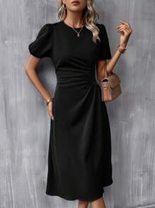 SHEIN Clasi Vestido de manga farol fruncido lateral - Negro - Ver 3