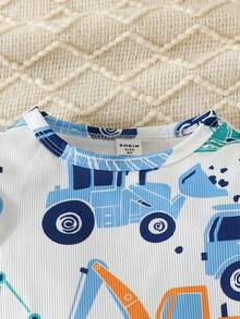 Young Boy Excavator Print Tee & Pants Snug Fit PJ Set - Blue - View 3