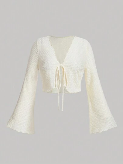 SHEIN MOD 大碼前繫帶喇叭袖上衣
