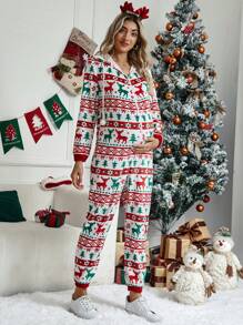 SHEIN Bộ áo liền quần có mũ trùm đầu in hình Giáng sinh dành cho bà bầu - Nhiều màu - Xem 6