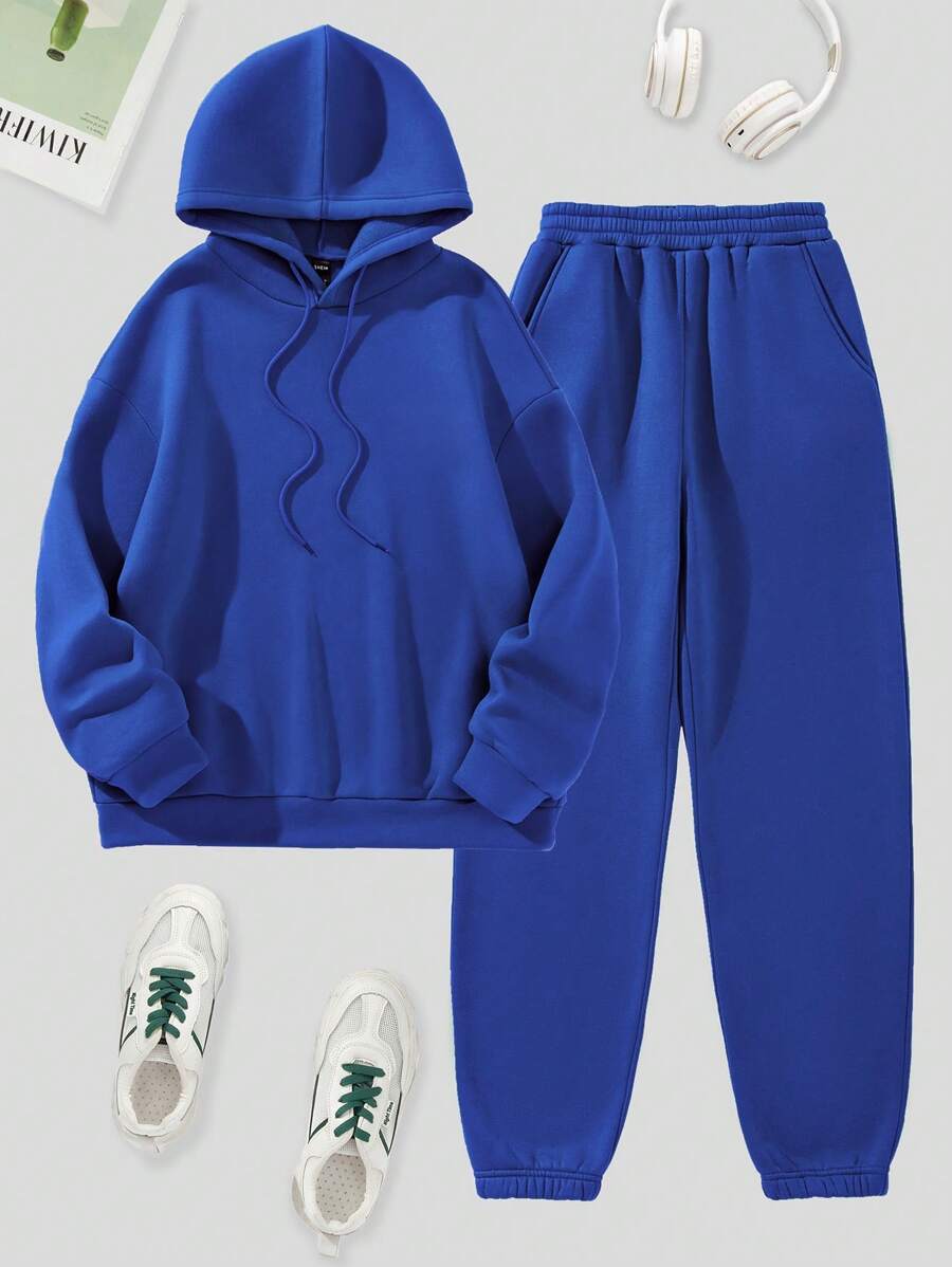 SHEIN LUNE Solid Drawstring Thermal Lined Hoodie & Sweatpants - Royal Blue - View 1