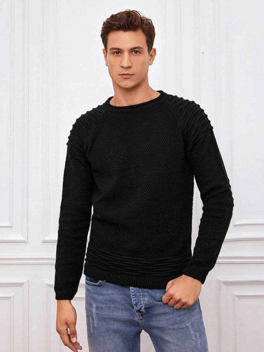 RueChic Men Solid Raglan Sleeve Sweater - Black - View 1