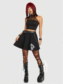 ROMWE Grunge Punk Vượt qua In Hem xòe Váy - màu đen - Xem 6