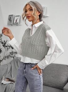 SHEIN LUNE 麻花編織V領毛衣背心 - 灰色 - 查看 4