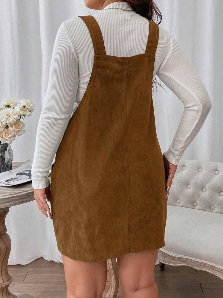 Plus Patched Pocket Corduroy Overall Dress Without Tee, For Winter
