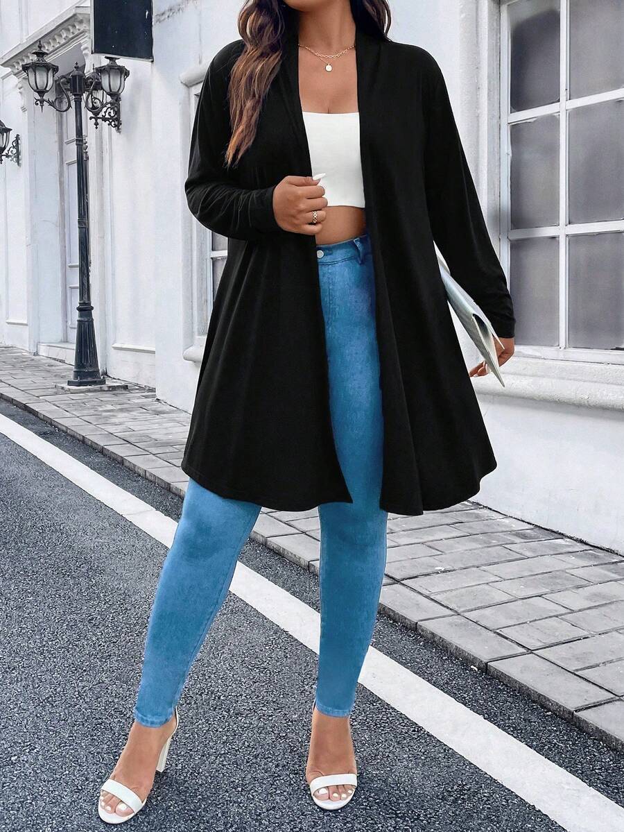 Plus Solid Open Front Coat - Black - View 1