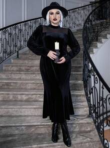 Celure Hơn Halloween Lưới tương phản Cổ giả Nhung Đầm Không có thắt lưng - màu đen - Xem 6