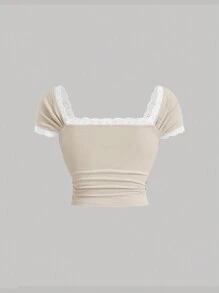 SHEIN MOD Plus Contrast Lace Bow Front Tee - Beige - View 2