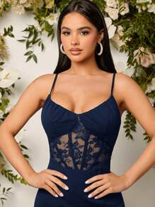 SHEIN Belle 撞色蕾丝开衩高腰吊带伴娘礼服，优雅正式晚宴舞会婚礼宾客礼服，毕业典礼、晚宴派对、情人节礼服 - 藏蓝色 - 查看 5