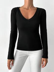 EURMUSE Camiseta unicolor de cuello V - Negro - Ver 5