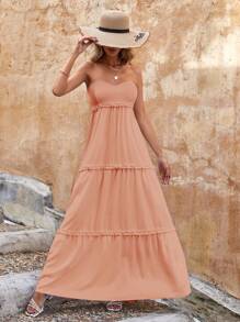 EURMUSE Solid Frill Trim Tube Dress - Coral Pink - View 5