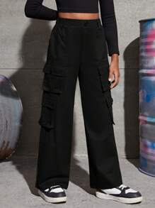 SHEIN Leap Crew Quần Cargo túi xẻ tà đơn giản cho bé gái tuổi mới lớn, phù hợp cho mùa xuân/hè - màu đen - Xem 4