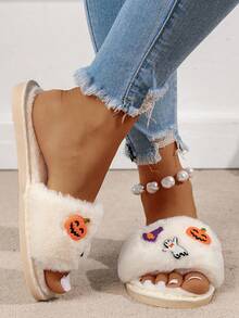 Women's Open Toe Pumpkin Ghost Face House Slippers - Beige - View 2
