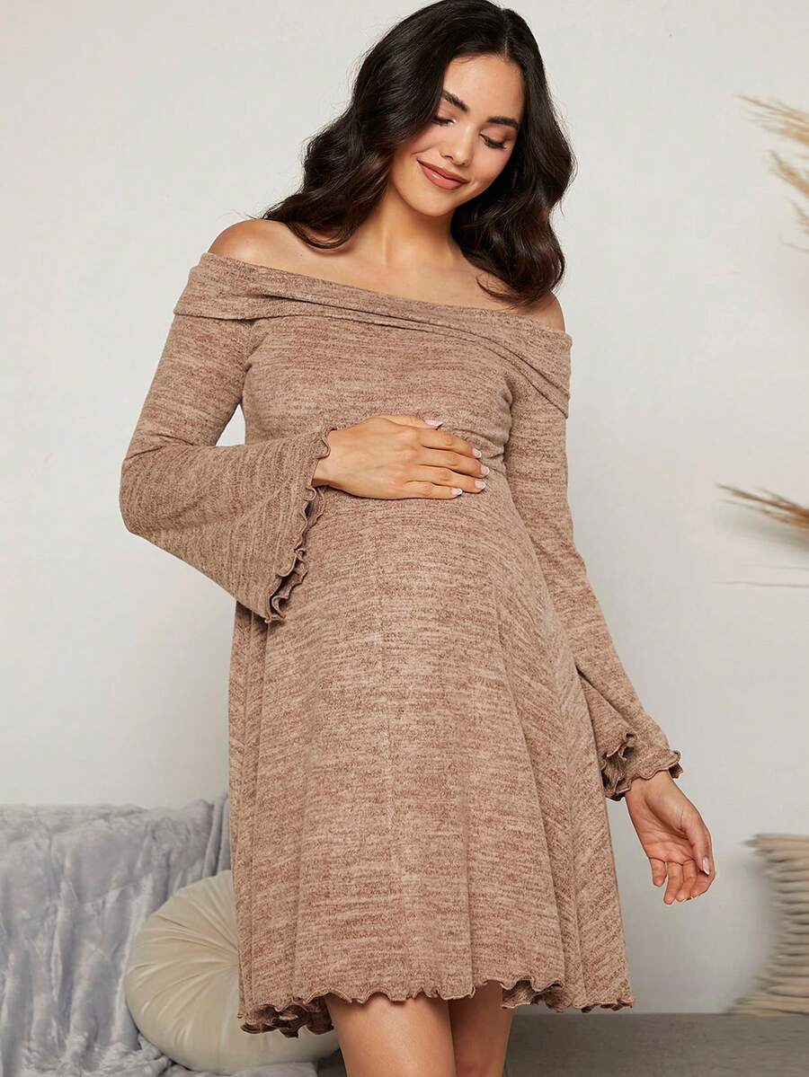 SHEIN Maternity Off Shoulder Lettuce Trim Dress - Apricot - View 1
