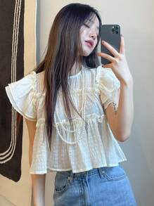 DAZY Chất rắn Lá sen tỉa Xù Hoa Sen Áo sơ mi - Màu be - Xem 7
