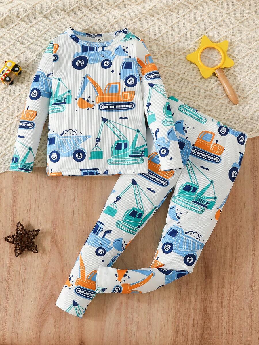 Young Boy Excavator Print Tee & Pants Snug Fit PJ Set - Blue - View 1