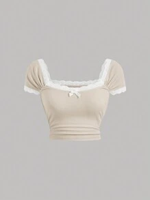 SHEIN MOD Plus Contrast Lace Bow Front Tee - Beige - View 1