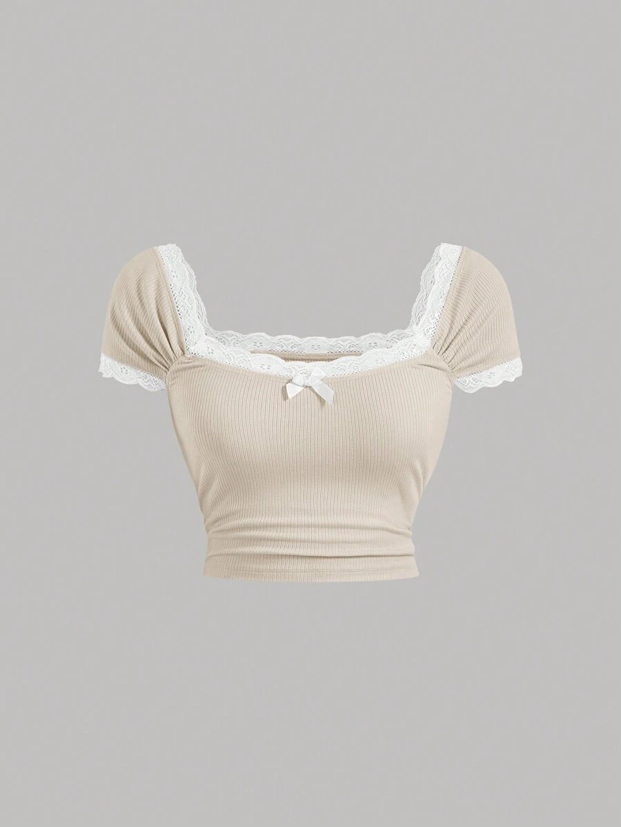 SHEIN MOD Plus Contrast Lace Bow Front Tee - Beige - View 1
