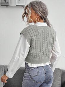 SHEIN LUNE 麻花編織V領毛衣背心 - 灰色 - 查看 2