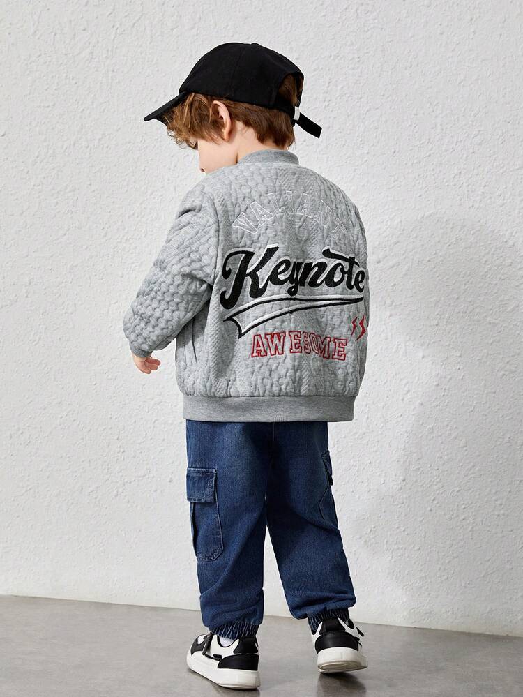 Young Boy Letter Embroidery Drop Shoulder Thermal Bomber Jacket