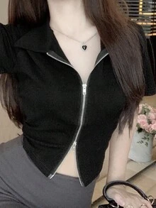 Kaos Kasual Lengan Pendek Model Crop Tanpa Lengan Leher Bulat Warna Polos Desain Resleting Ganda Musim Panas Warna Hitam - Hitam - View 9