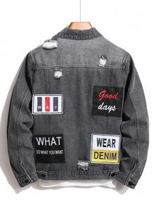 Manfinity Homme Men Letter Graphic Ripped Denim Jacket Without Tee