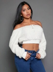 SHEIN SXY Off Shoulder Knot Front Crop Teddy Pullover - White - View 4
