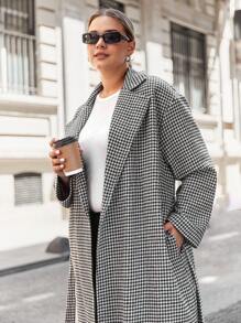 SHEIN Cottnline Plus Houndstooth Print Belted Overcoat - Black and White - View 3