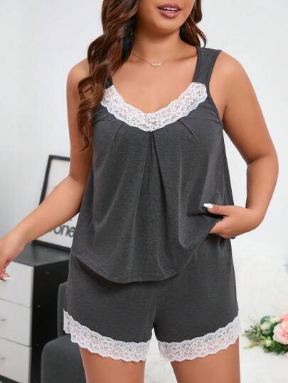 Plus Contrast Lace Tank Top & Shorts PJ Set / Pajama Set