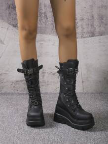 秋冬黑色轻便女式时尚加大拉链坡跟厚底骑士靴，朋克风格过膝中筒靴 - 黑色 - 查看 4