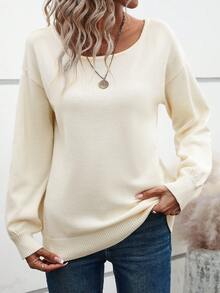 SHEIN LUNE 後綁帶蝴蝶結落肩袖鏤空套頭毛衣 - 杏色 - 查看 4