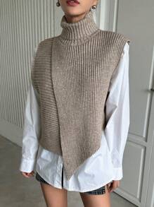 DAZY 1pc Turtleneck Wrap Cross Sweater Vest,Fall Clothes - Khaki - View 3