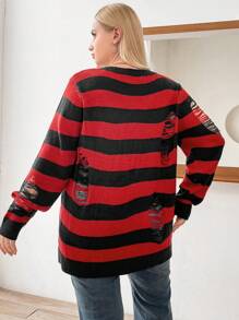 Flirla Talla grande Jersey con patrón de rayas desgarro - Multicolor - Ver 2