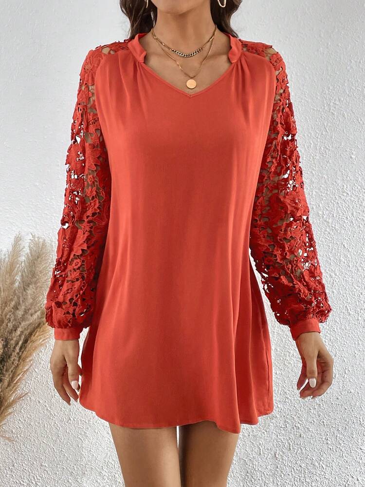 Contrast Lace Lantern Sleeve Tunic Dress