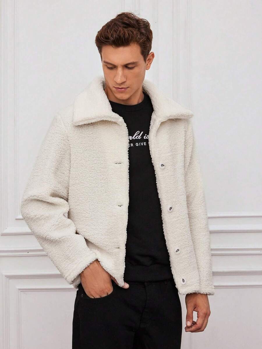 SHEIN Cottnline Men 1pc Solid Button Front Teddy Jacket - White - View 1