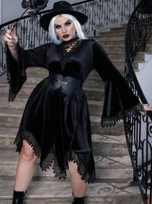 PUNK Plus Halloween Guipure Lace Trim Flare Sleeve Hanky Hem Velvet Dress - Black - View 3