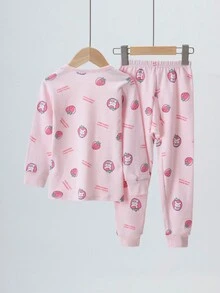 Tween Girl Strawberry Print Tee & Pants PJ Set - Pink - View 2