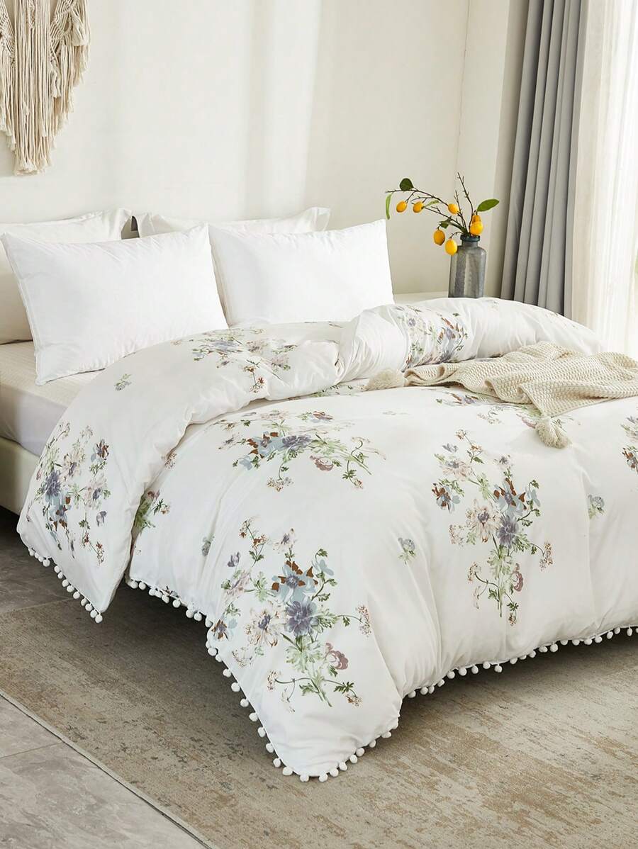 1入組現代美式風格床上用品帶清新香調優雅印花和白色毛球鑲邊被套(床墊芯不包含),親膚柔軟的滌綸四季可用 - 彩色 - 查看 1