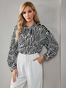 Aveloria 斑馬條紋前紐扣襯衫 - 黑與白 - 查看 1