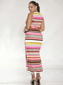 SHEIN SXY Hơn Sọc Tách đùi Thắt lưng Váy bodycon - Nhiều màu - Xem 2