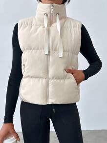 EURMUSE Zip Up Puffer Vest Coat - Beige - View 4